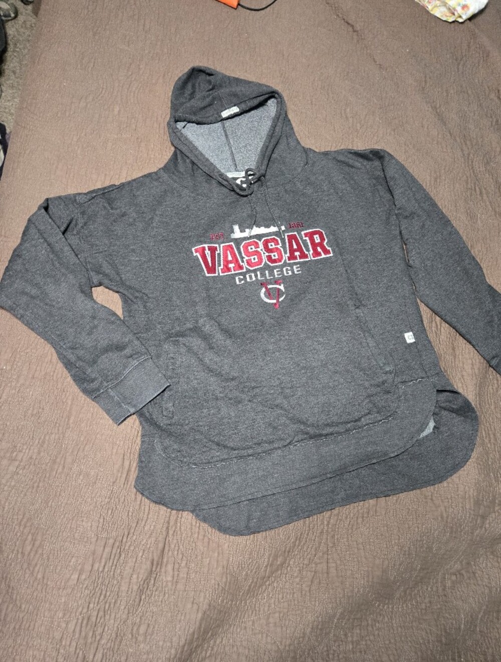 Vassar College Dark Heather Gray Hooded Sweatshirt VC Hoodie, 2X